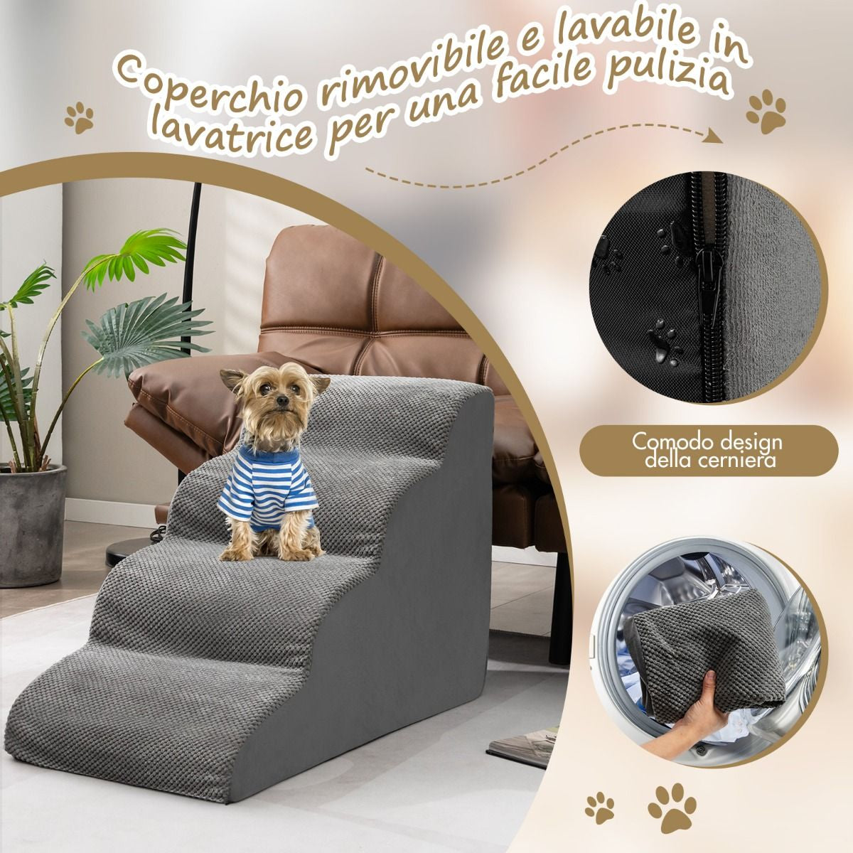 Rampa per Cani Con 4 Scalini in Schiuma Con Copertura Lavabile, Gradini Antiscivolo per Animali Domestici Grigio