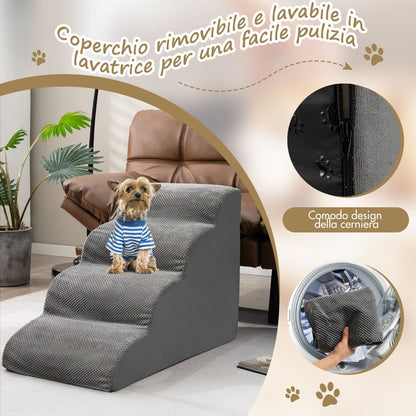 Rampa per Cani Con 4 Scalini in Schiuma Con Copertura Lavabile, Gradini Antiscivolo per Animali Domestici Grigio