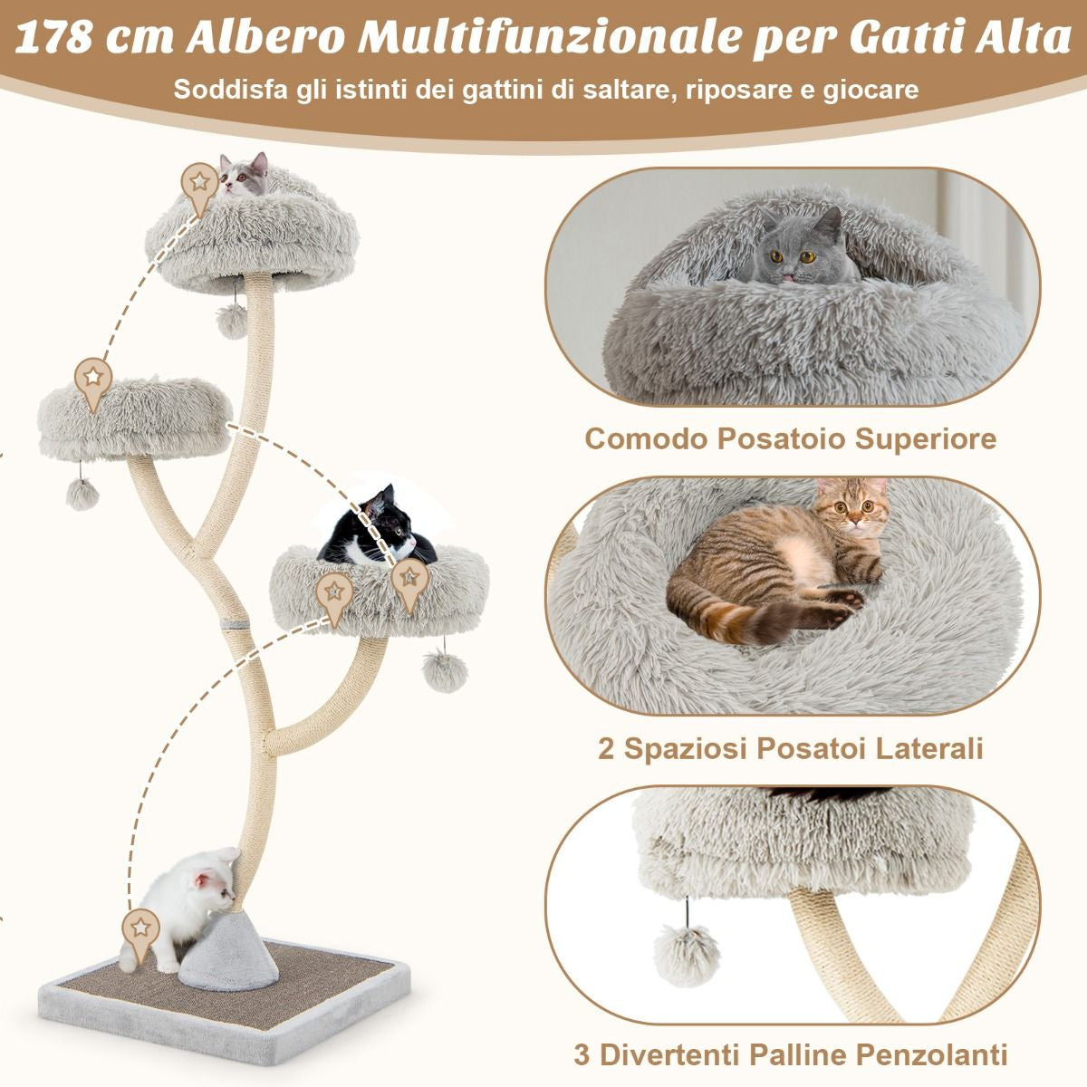 Albero per Gatti Alto 178Cm Con Telaio in Metallo Pali E Tavoletta Tiragraffi in Sisal, Torre per Gatti 2 Colori