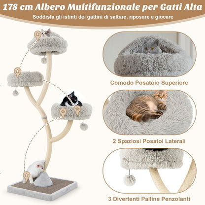 Albero per Gatti Alto 178Cm Con Telaio in Metallo Pali E Tavoletta Tiragraffi in Sisal, Torre per Gatti 2 Colori