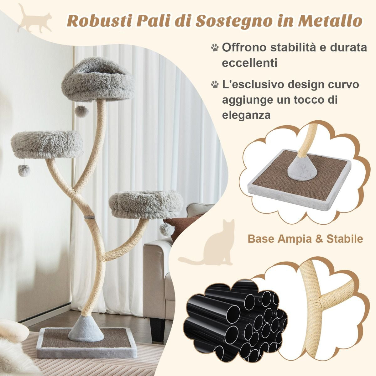 Albero per Gatti Alto 178Cm Con Telaio in Metallo Pali E Tavoletta Tiragraffi in Sisal, Torre per Gatti 2 Colori