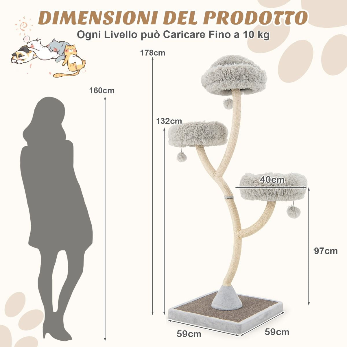 Albero per Gatti Alto 178Cm Con Telaio in Metallo Pali E Tavoletta Tiragraffi in Sisal, Torre per Gatti 2 Colori