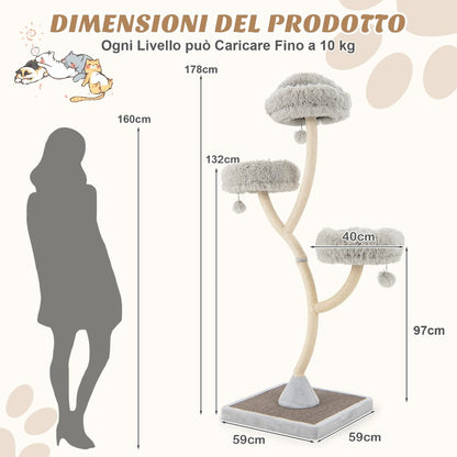 Albero per Gatti Alto 178Cm Con Telaio in Metallo Pali E Tavoletta Tiragraffi in Sisal, Torre per Gatti 2 Colori