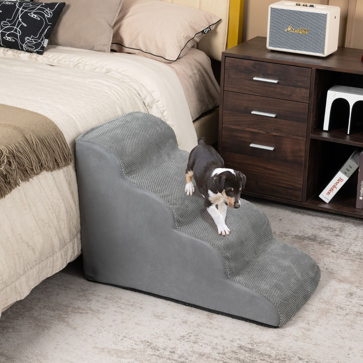 Rampa per Cani Con 4 Scalini in Schiuma Con Copertura Lavabile, Gradini Antiscivolo per Animali Domestici Grigio