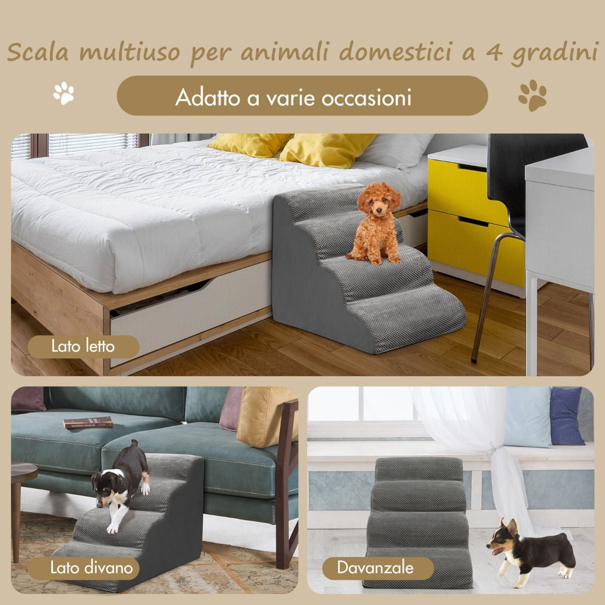 Rampa per Cani Con 4 Scalini in Schiuma Con Copertura Lavabile, Gradini Antiscivolo per Animali Domestici Grigio