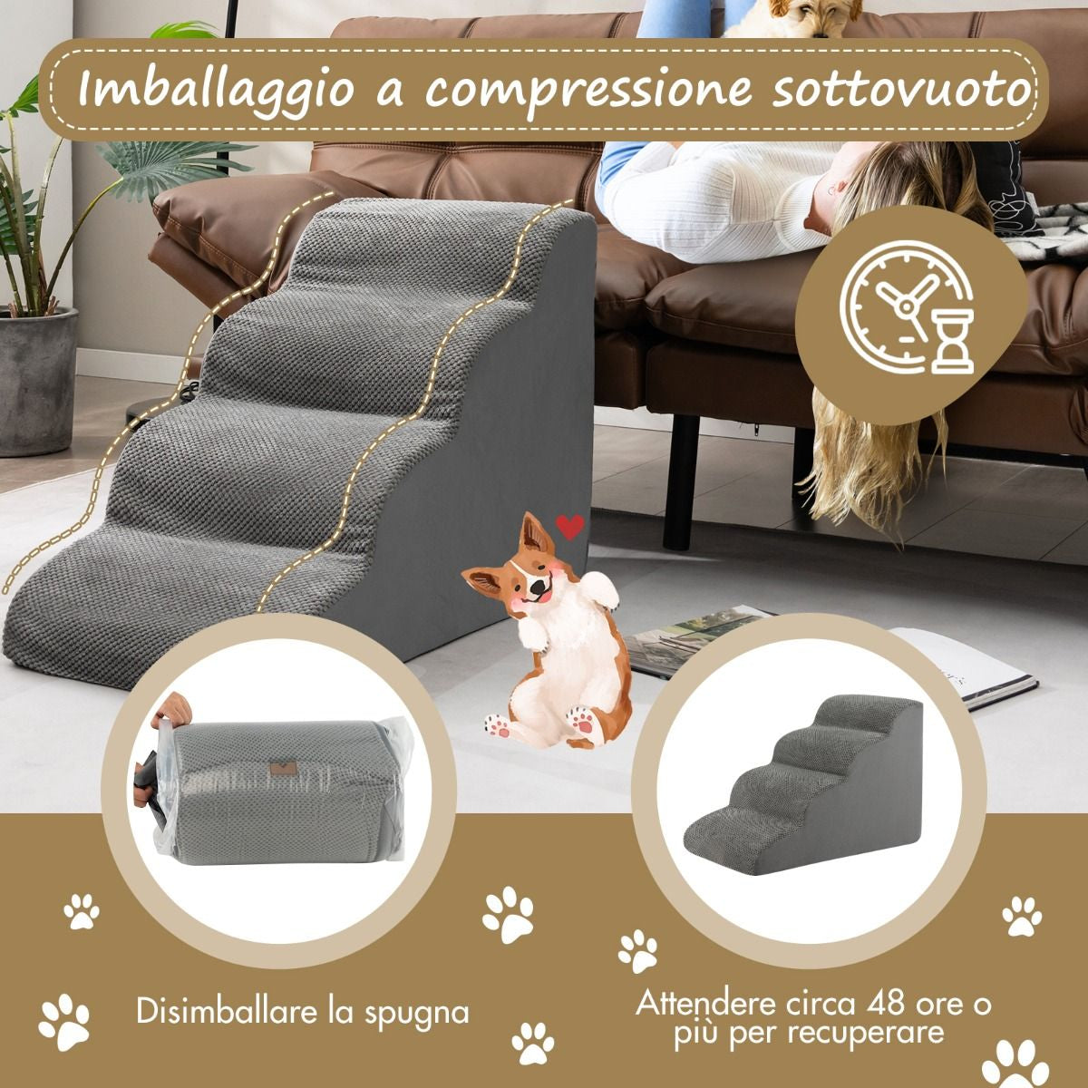 Rampa per Cani Con 4 Scalini in Schiuma Con Copertura Lavabile, Gradini Antiscivolo per Animali Domestici Grigio