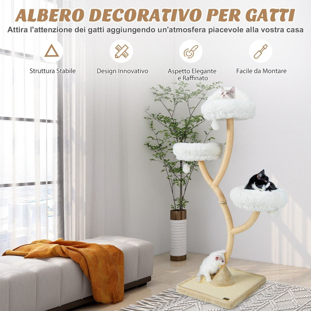 Albero per Gatti Alto 178Cm Con Telaio in Metallo Pali E Tavoletta Tiragraffi in Sisal, Torre per Gatti 2 Colori