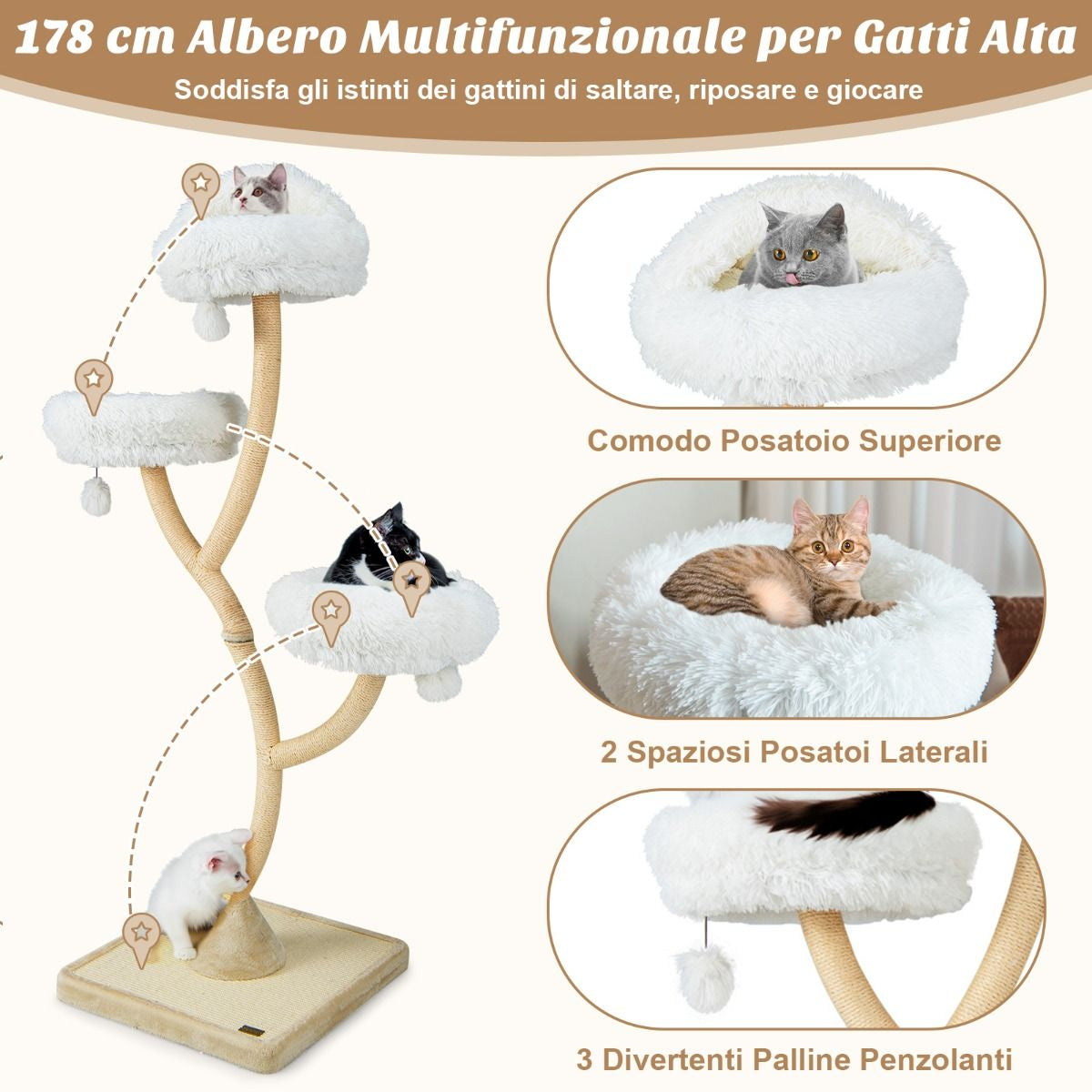 Albero per Gatti Alto 178Cm Con Telaio in Metallo Pali E Tavoletta Tiragraffi in Sisal, Torre per Gatti 2 Colori