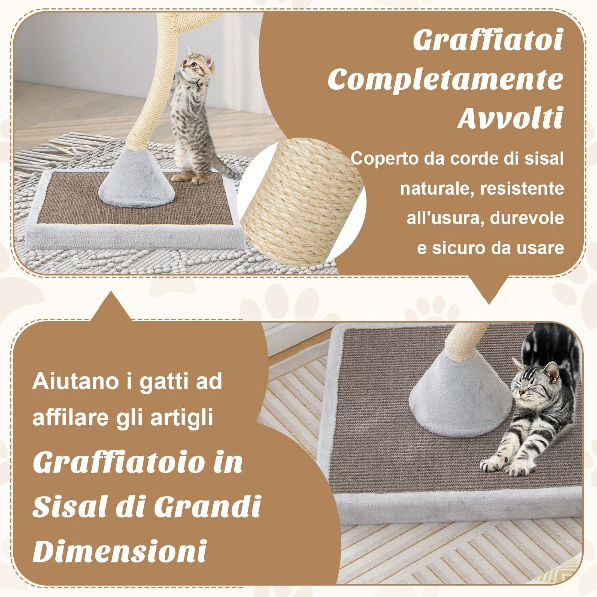 Albero per Gatti Alto 178Cm Con Telaio in Metallo Pali E Tavoletta Tiragraffi in Sisal, Torre per Gatti 2 Colori