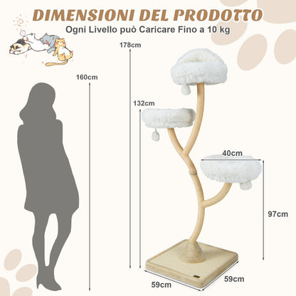 Albero per Gatti Alto 178Cm Con Telaio in Metallo Pali E Tavoletta Tiragraffi in Sisal, Torre per Gatti 2 Colori
