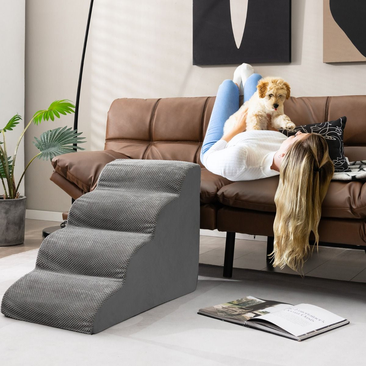 Rampa per Cani Con 4 Scalini in Schiuma Con Copertura Lavabile, Gradini Antiscivolo per Animali Domestici Grigio