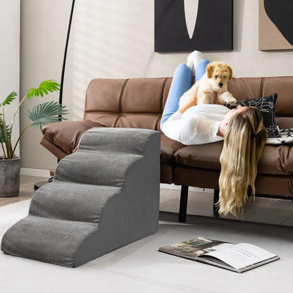 Rampa per Cani Con 4 Scalini in Schiuma Con Copertura Lavabile, Gradini Antiscivolo per Animali Domestici Grigio