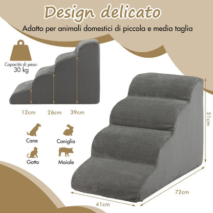 Rampa per Cani Con 4 Scalini in Schiuma Con Copertura Lavabile, Gradini Antiscivolo per Animali Domestici Grigio