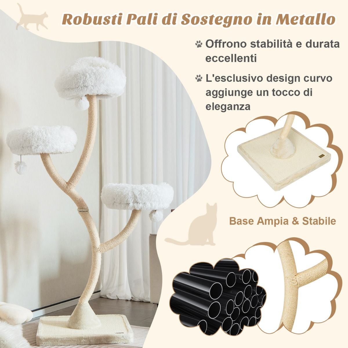 Albero per Gatti Alto 178Cm Con Telaio in Metallo Pali E Tavoletta Tiragraffi in Sisal, Torre per Gatti 2 Colori