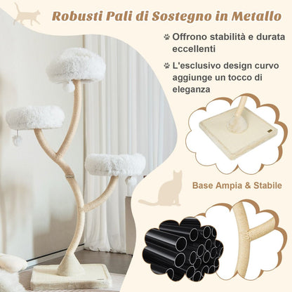 Albero per Gatti Alto 178Cm Con Telaio in Metallo Pali E Tavoletta Tiragraffi in Sisal, Torre per Gatti 2 Colori