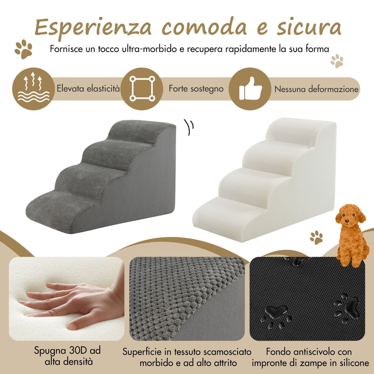 Rampa per Cani Con 4 Scalini in Schiuma Con Copertura Lavabile, Gradini Antiscivolo per Animali Domestici Grigio