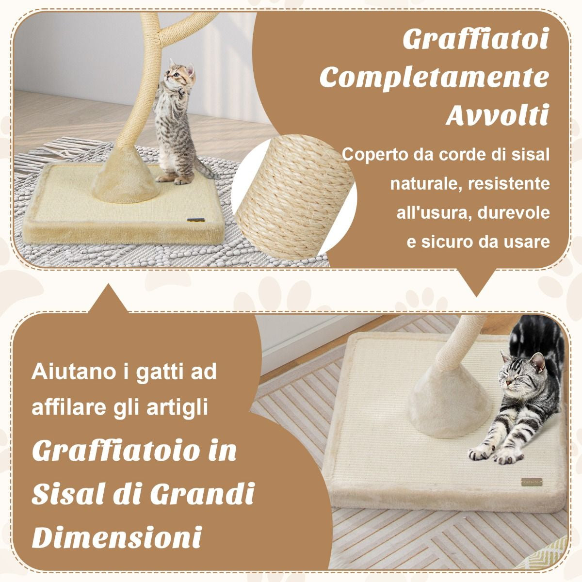 Albero per Gatti Alto 178Cm Con Telaio in Metallo Pali E Tavoletta Tiragraffi in Sisal, Torre per Gatti 2 Colori
