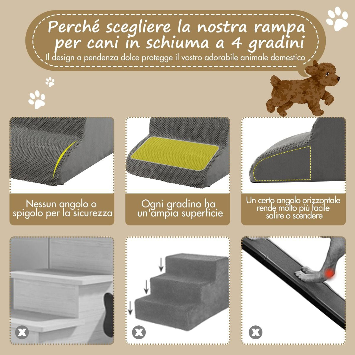 Rampa per Cani Con 4 Scalini in Schiuma Con Copertura Lavabile, Gradini Antiscivolo per Animali Domestici Grigio