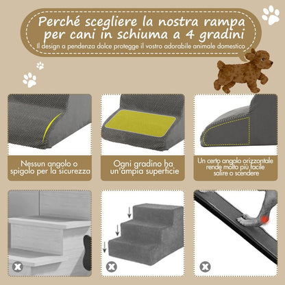 Rampa per Cani Con 4 Scalini in Schiuma Con Copertura Lavabile, Gradini Antiscivolo per Animali Domestici Grigio