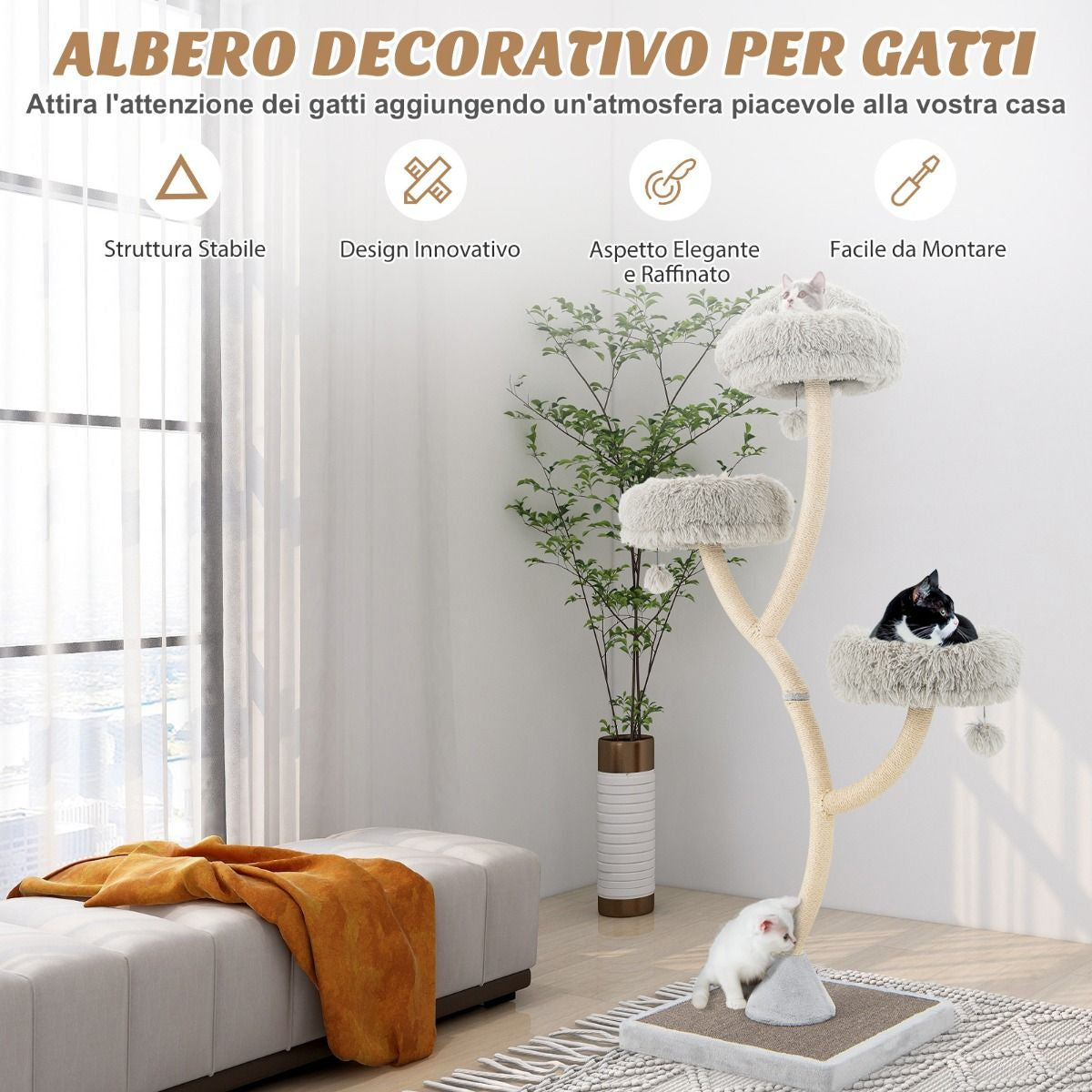Albero per Gatti Alto 178Cm Con Telaio in Metallo Pali E Tavoletta Tiragraffi in Sisal, Torre per Gatti 2 Colori